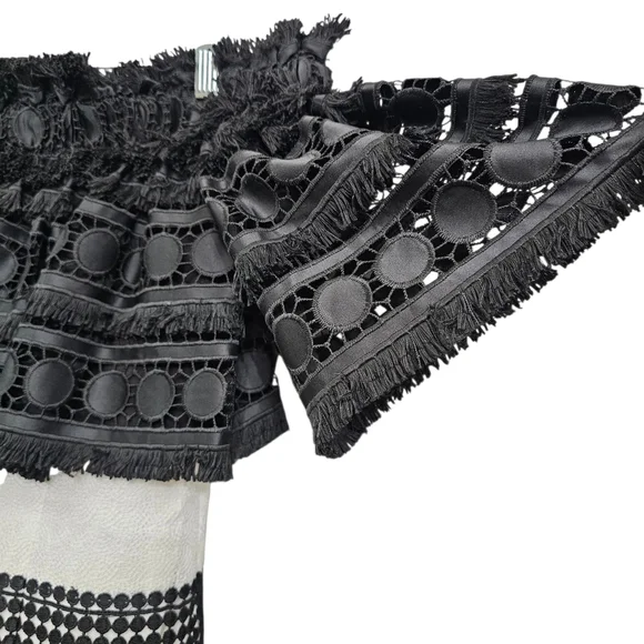 Nwot Badgley Mischka Black/White Off Shoulder Fringed Shortsleeve Ruffle Dress - Picture 9 of 17